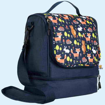 Eine blaue Kinder-Umhängetasche mit einem niedlichen Fuchs-Motiv aus der Wildtiere-Kollektion, in einer Ansicht von vorne und leicht seitlich.