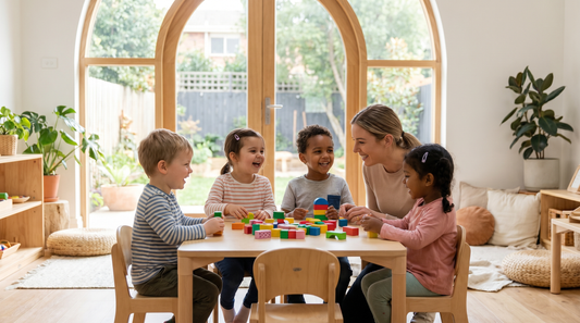 Kindergartenkinder spielen und lernen gemeinsam am Tisch