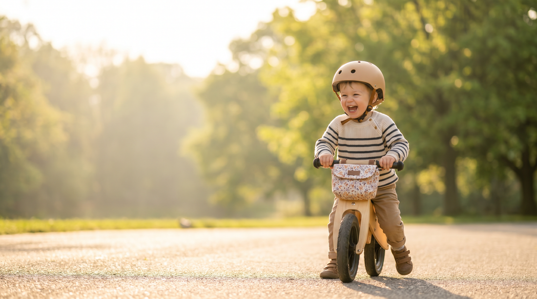 Lachendes Kleinkind mit Helm fährt Laufrad mit Lenkertasche im Park