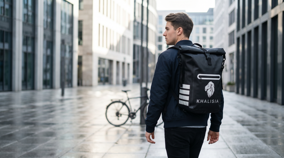 Mann trägt wasserdichten KHALISIA Fahrrad-Rucksack in der Stadt