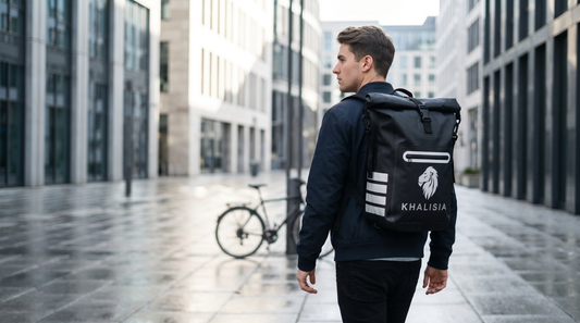 Mann trägt wasserdichten KHALISIA Fahrrad-Rucksack in der Stadt