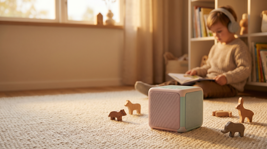 Kind hört mit Kopfhörern eine Hörbox mit Spielfiguren im Kinderzimmer
