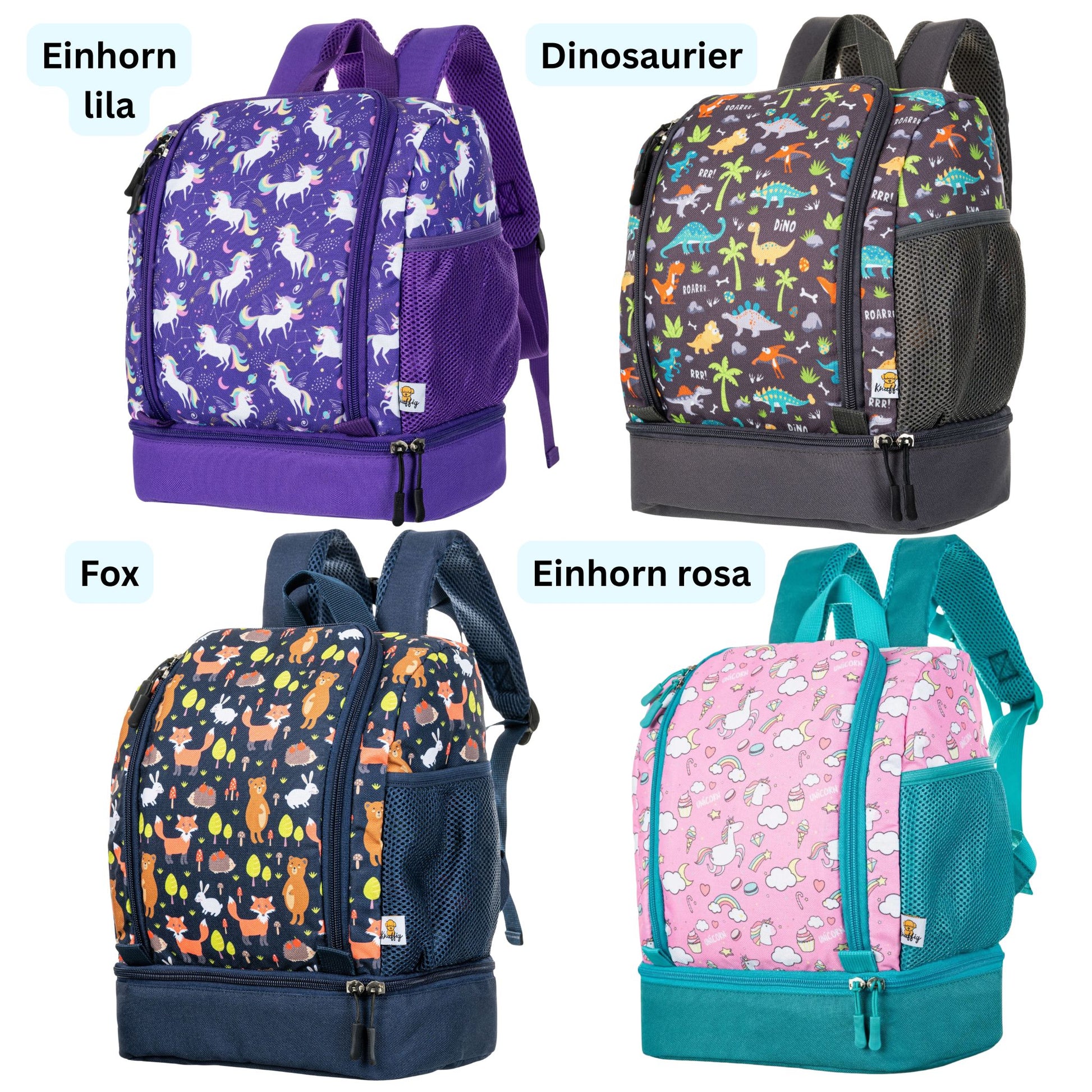 Eine übersichtliche Gruppenaufnahme, die vier verschiedene Varianten des knuffigen Kinderrucksacks nebeneinander präsentiert. Von links nach rechts: 1. Das Modell „Lila Einhorn“ mit einem funkelnden Einhorn auf violettem Hintergrund. 2. Das graue Modell „Dinosaurier“ mit dem freundlichen T-Rex-Motiv. 3. Das blaue Modell „Fuchs“ mit dem bekannten Fuchs-Gesicht. 4. Das Modell „Rosa Einhorn“ mit einem niedlichen schlafenden Einhorn