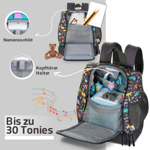 Innenansicht des weit geöffneten grauen Dinosaurier-Rucksacks, der die maximale Kapazität zeigt: Im Hauptfach ist eine Toniebox sicher verstaut, daneben liegt ein Paar zusammengeklappte Kinderkopfhörer. Zusätzlich bietet der Rucksack Platz für einen DIN-A5 Notizblock und ein Etui. In den integrierten Organisationsfächern sind Stifte ordentlich einsortiert, was die ideale Aufteilung für Hörspiel-Spaß und erste Schulabenteuer verdeutlicht.