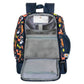 Frontalansicht eines gut organisierten, blauen Kinderrucksacks mit einem niedlichen Fuchs-Motiv. Das Bild zeigt mehrere geöffnete Reißverschlussfächer: Ein kleineres Frontfach und das geräumige Hauptfach sind sichtbar. In der mittleren Reißverschlusstasche ist ein transparentes Einschubfach mit einem beschrifteten Namensschild eingenäht. Der Rucksack verfügt über elastische Kordelzüge und mehrere kleine Fächer, die für Ordnung sorgen. Der strapazierfähige Stoff und die verstellbaren, gepolsterten Schultergu