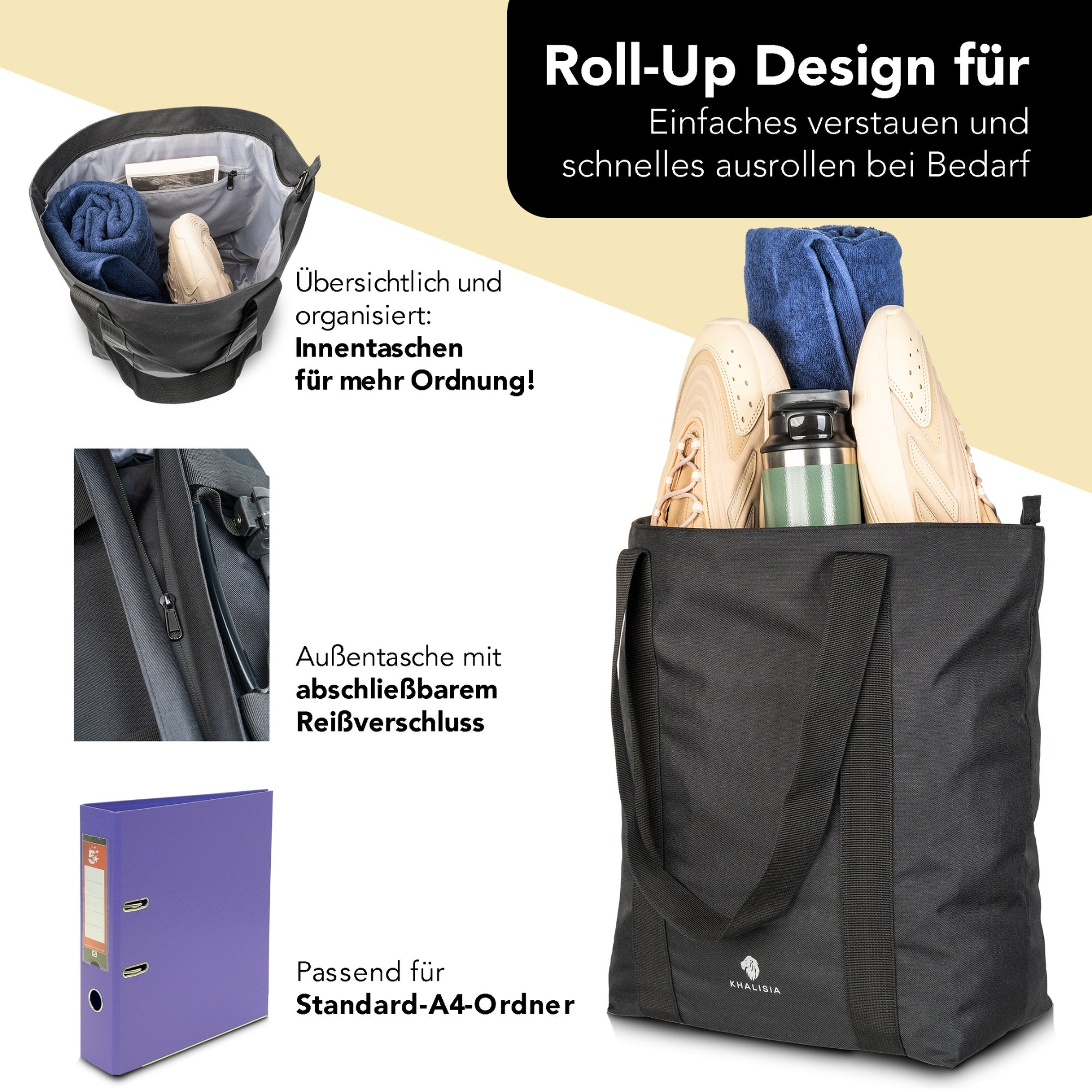 fahrradtasche innentasche KHALISIA Roll-Up Shopper – Faltbare Fahrrad Gepäckträger-Tasche 22L