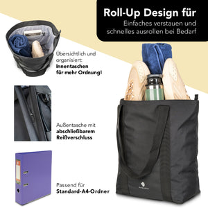 Innenansicht der KHALISIA Fahrrad Einkaufstasche mit Roll-Up Design, übersichtlichen Innentaschen und Reißverschlussfach für organisierte Aufbewahrung