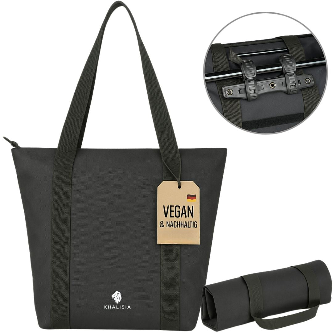KHALISIA Roll-Up Shopper – Wasserabweisende Fahrrad Gepäckträger-Tasche, faltbar, 22L, RPET, mit Reißverschluss & Organizer