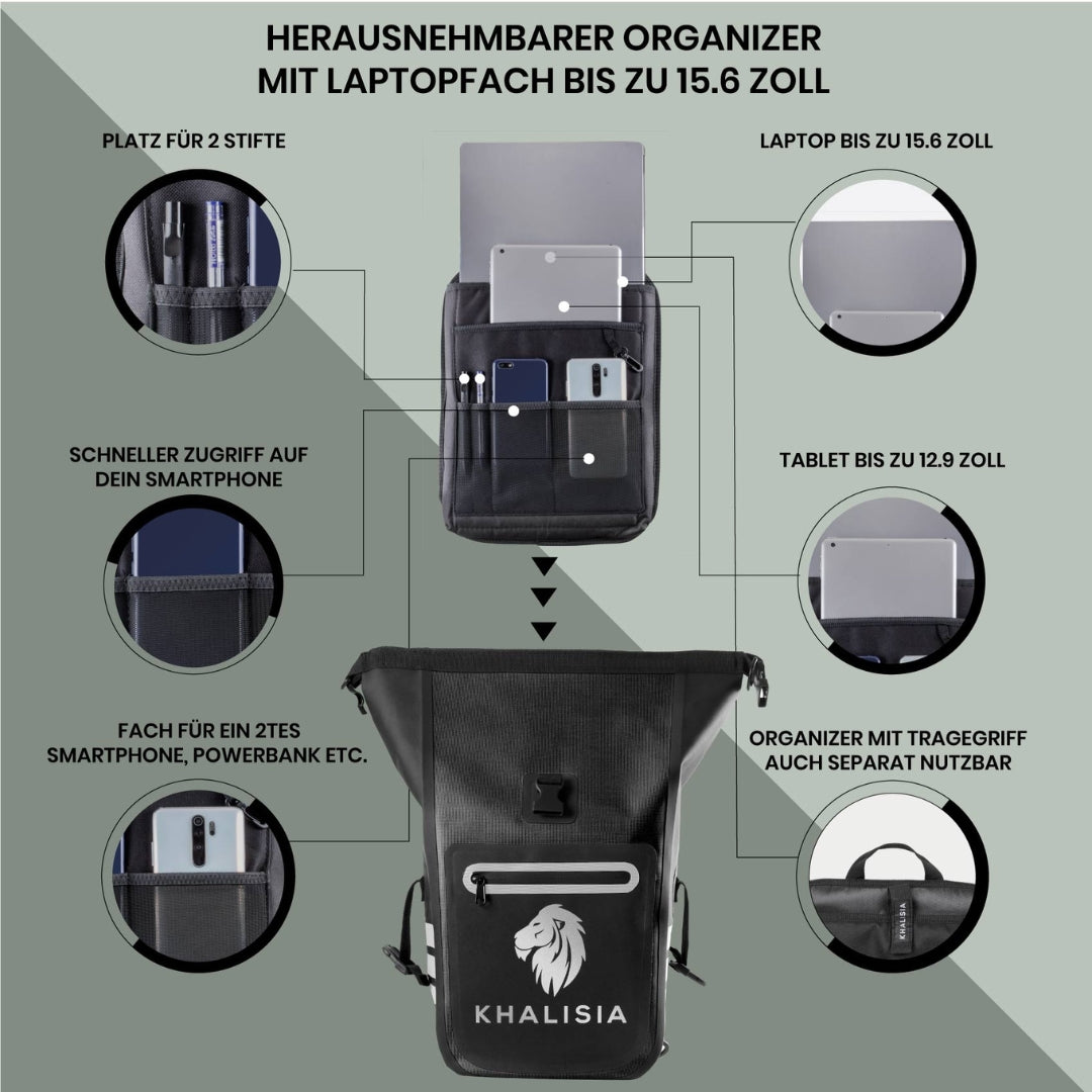 Schwarzer Fahrradrucksack mit stoßgeschütztem Laptopfach und ergonomischen Trägern