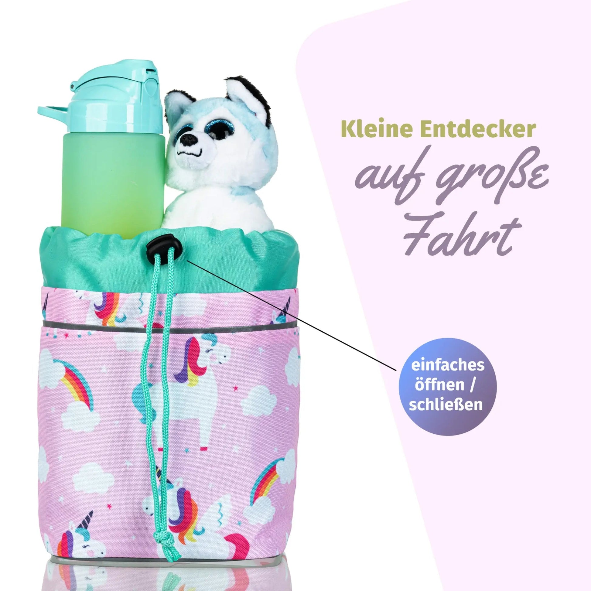 Rosa Lenkertasche für Kinder mit einem strahlenden Einhorn, die den Fahrradlenker mit Fantasie schmückt.