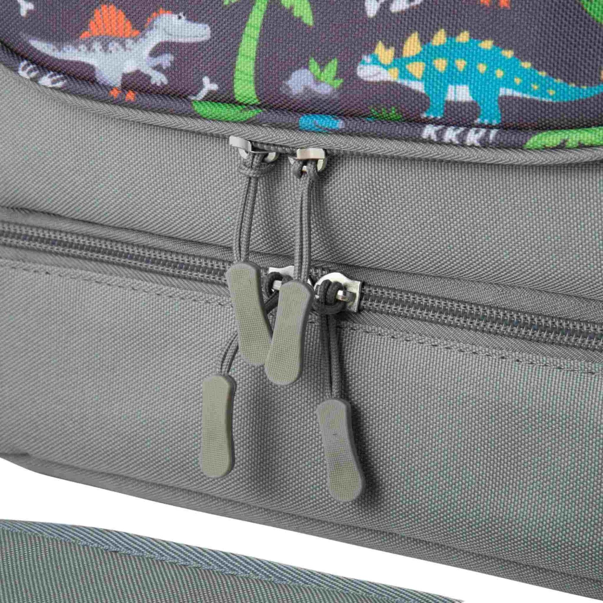 Leichte graue Schultertasche mit einem fröhlichen Dinosaurier-Motiv, ideal für Kinder ab 3 Jahren