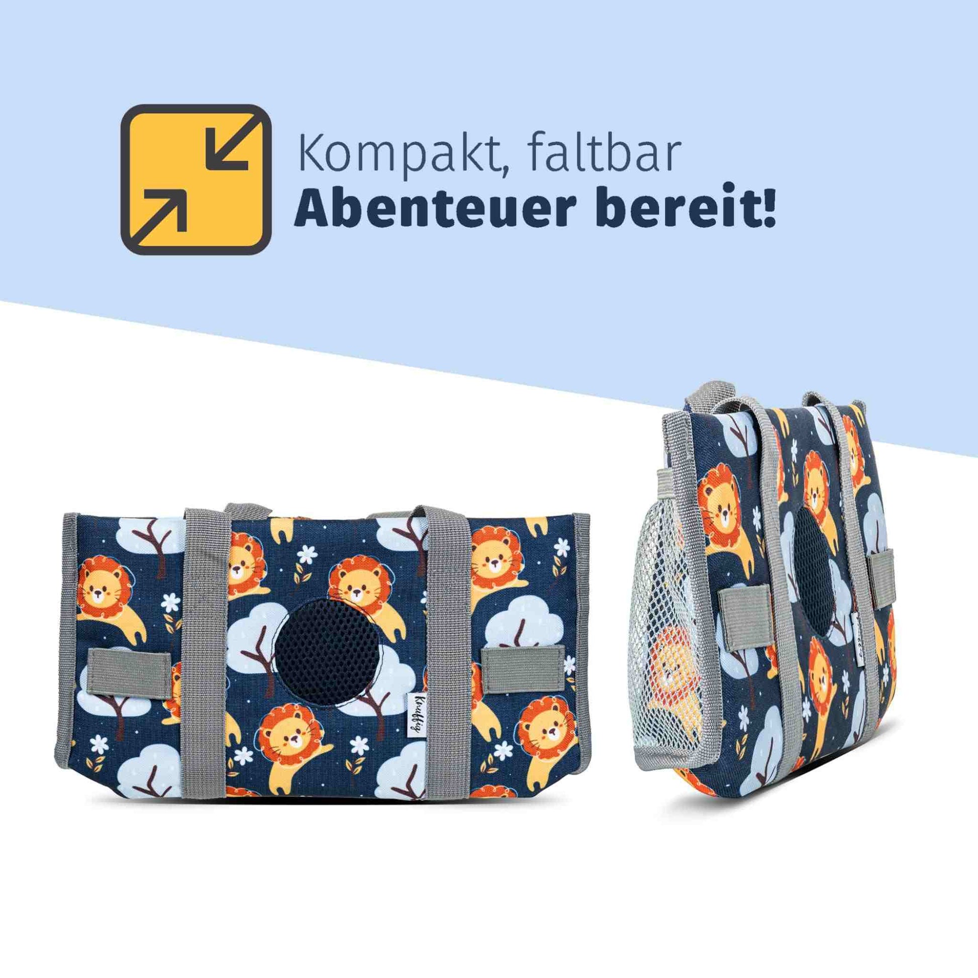 Knuffig Tragetasche mit bunten Mustern, ideal für kleine Abenteurer.