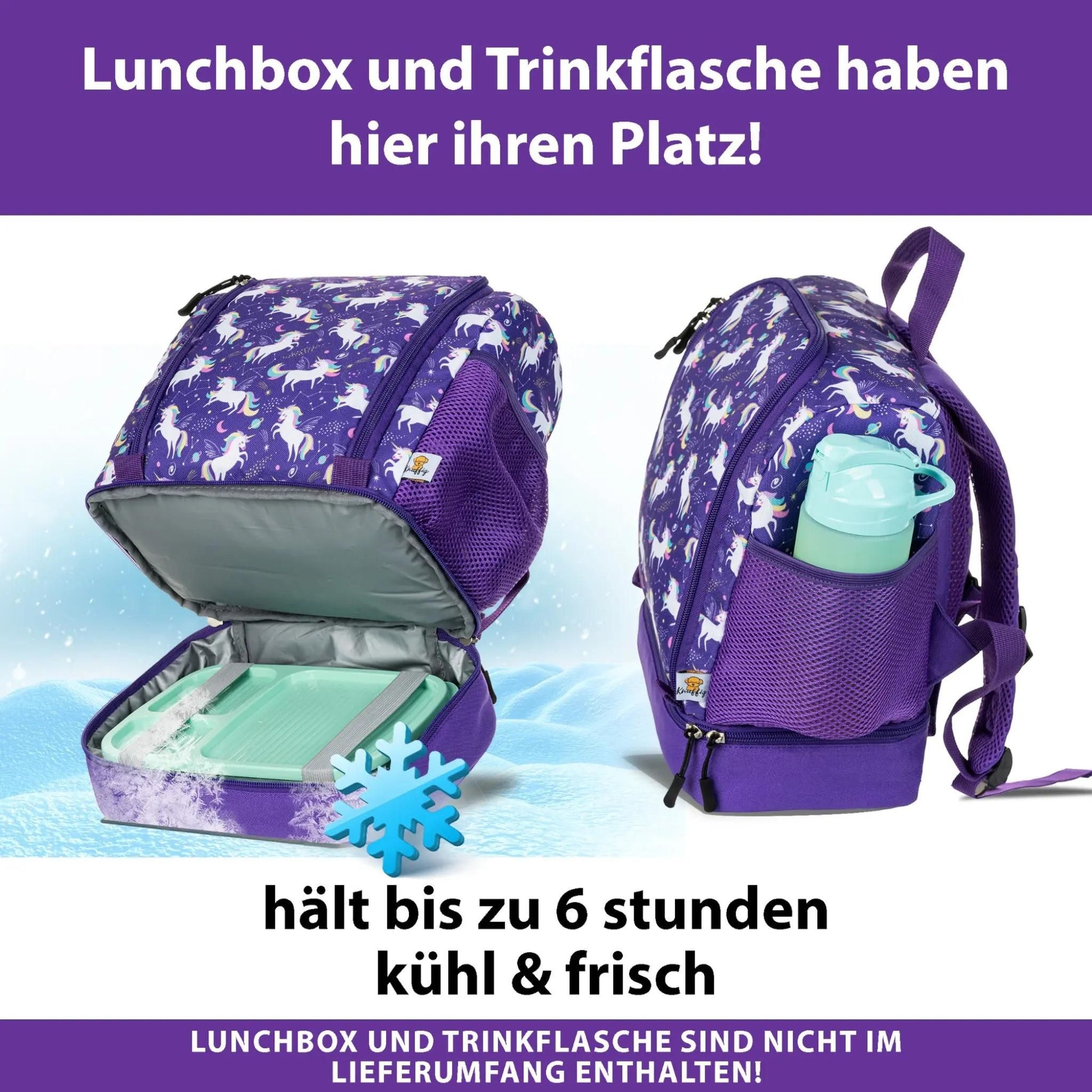 Detailaufnahme des lila Einhorn-Rucksacks in der Seiten- und Frontansicht. In der elastischen Seitentasche ist eine Trinkflasche sicher verstaut, während das vordere Fach weit geöffnet ist und eine farblich passende Lunchbox präsentiert. Die Kombination aus dem kräftigen Violett des Stoffes und dem organisierten Stauraum zeigt, wie einfach Kinder ihre Verpflegung für den Kindergarten griffbereit halten können.