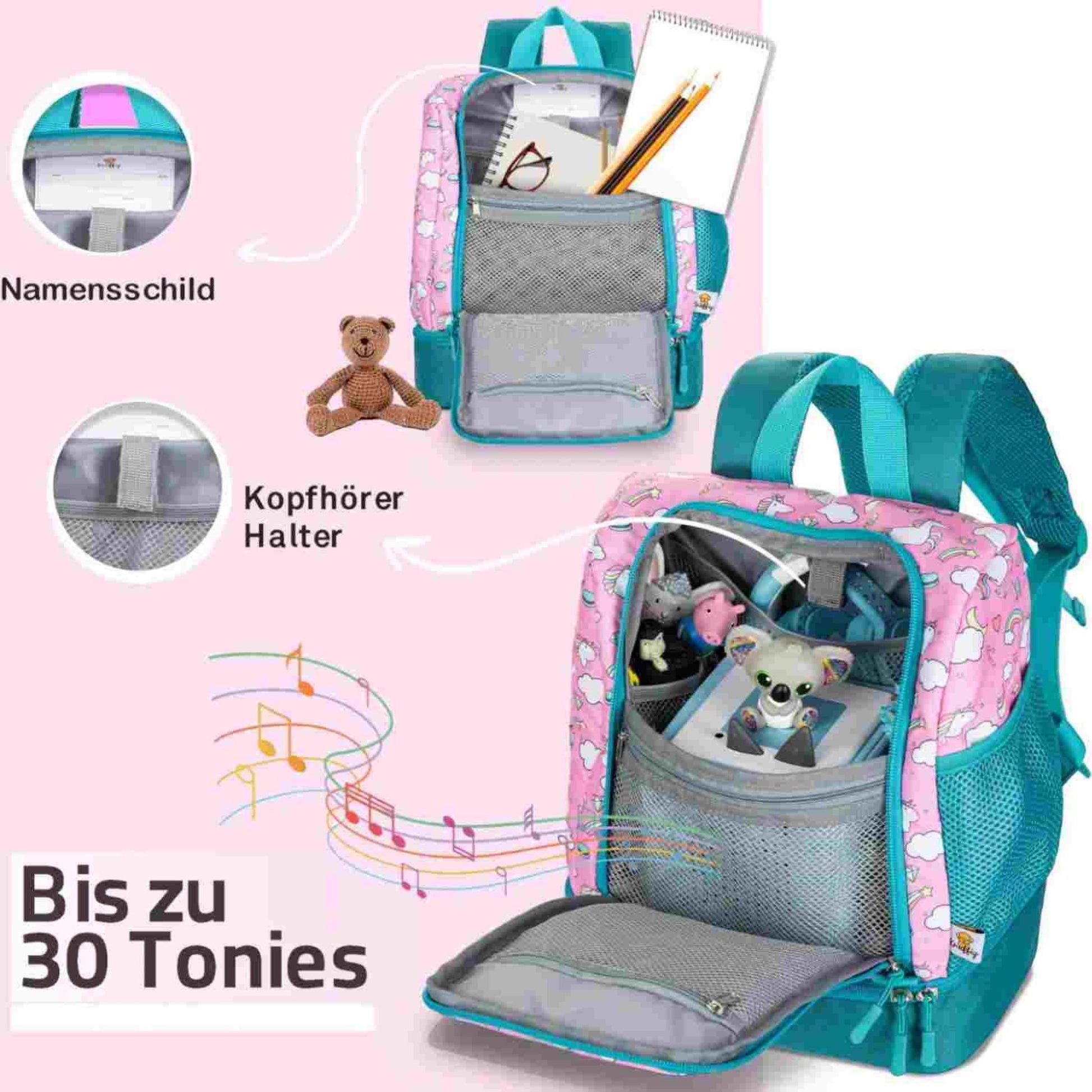 Innenansicht des weit geöffneten rosa Einhorn-Rucksacks, der eine durchdachte Organisation zeigt. Im Inneren sind eine Lunchbox und eine Trinkflasche ordentlich platziert. Ein elastisches Netzfach hält Tonie-Figuren sicher fest, während eine spezielle Schlaufe zur Befestigung von Kopfhörern dient. Ein beschriftbares Namensschild im Deckel sorgt dafür, dass der Rucksack im Kindergarten immer zu seiner Besitzerin zurückfindet.