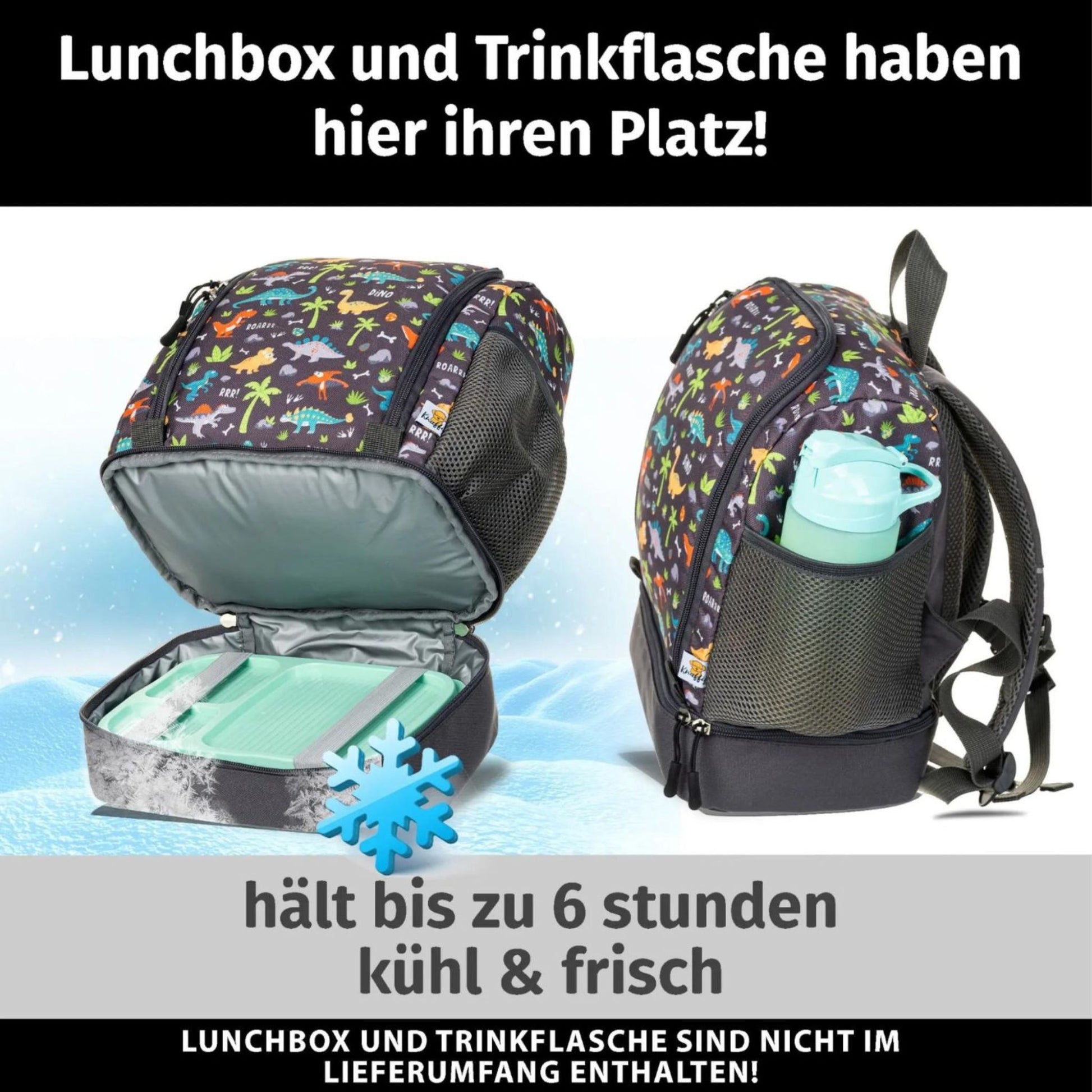 Detailansicht des grauen Dinosaurier-Rucksacks, die die praktischen Verstaumöglichkeiten zeigt. In der seitlichen elastischen Netztasche steckt eine farblich passende Trinkflasche. Das vordere Fach ist geöffnet und präsentiert eine darin verstaute Lunchbox. Das Bild verdeutlicht, wie kompakt und sicher Proviant und Getränke für den Kindergarten-Ausflug verstaut werden können.