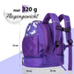 Die Rückansicht des lila Einhorn-Rucksacks zeigt die ergonomische Air-Mesh-Polsterung, die für maximale Belüftung und Tragekomfort sorgt. Durch die symbolische Darstellung mit einer schwebenden Feder wird das extrem geringe Eigengewicht („Fliegengewicht“) verdeutlicht, das den Kinderrücken entlastet. Die weich gepolsterten, lila Schultergurte und der verstellbare Brustgurt sorgen für einen perfekten Sitz, selbst bei längeren magischen Abenteuern.