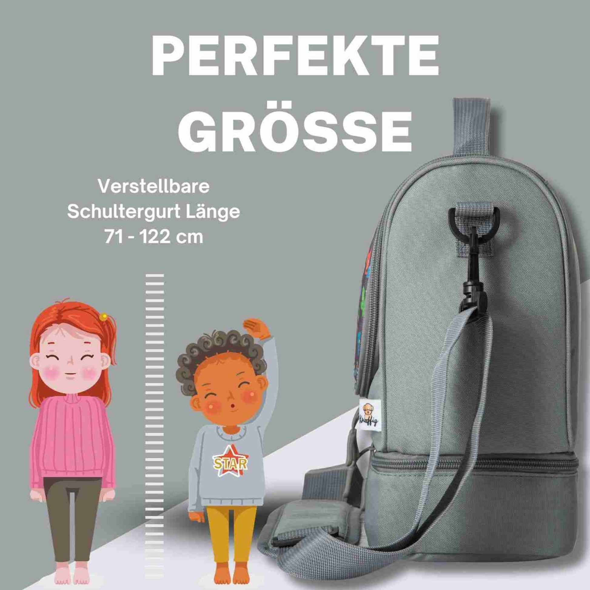 Die graue Dinosaurier-Umhängetasche in einer Frontalansicht mit eingeblendeten Maßangaben zur Verdeutlichung der Taschengröße und Proportionen.