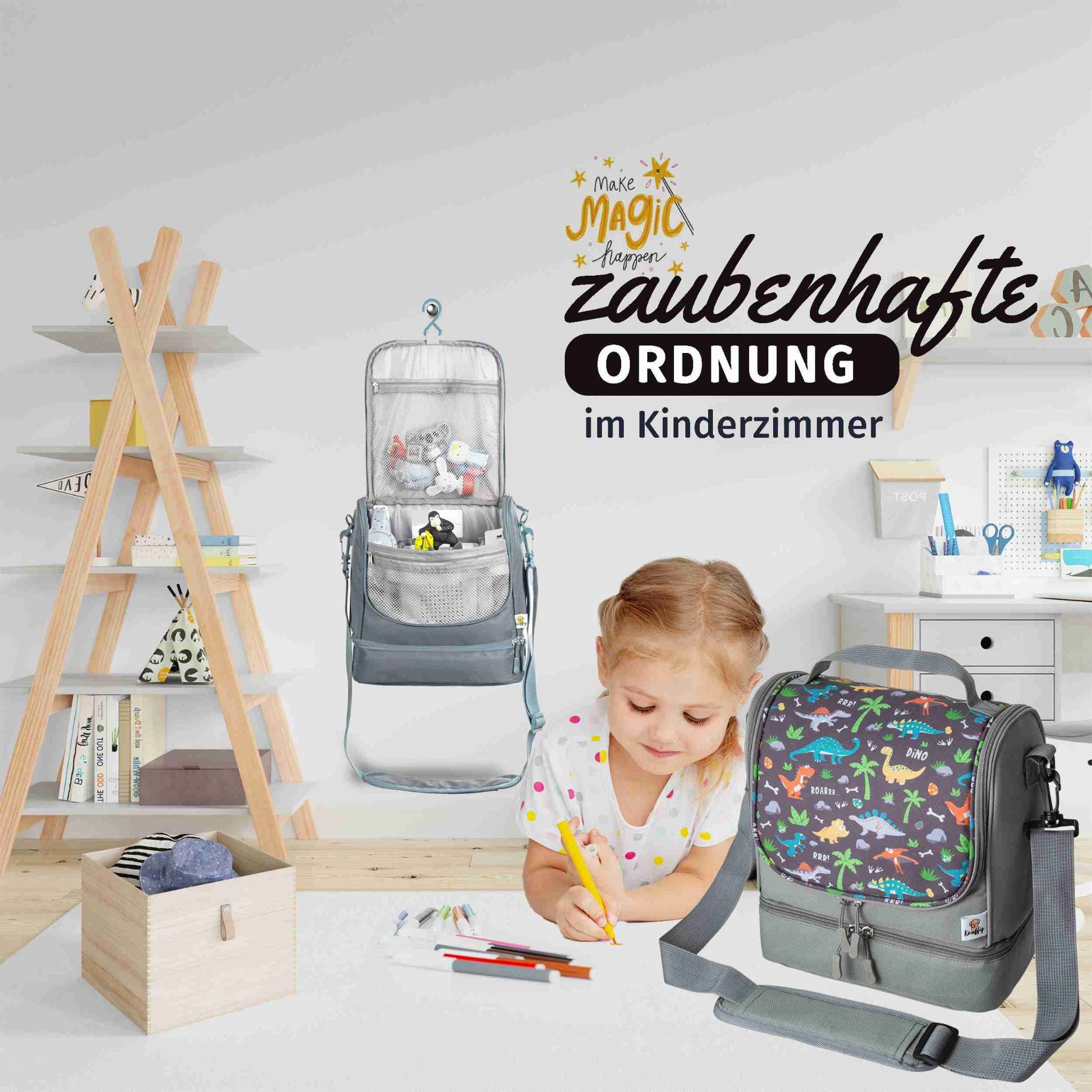 Die graue Dinosaurier-Umhängetasche für Kinder ist dekorativ in einem hellen, freundlichen Kinderzimmer platziert, umgeben von Spielzeug.