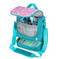 Geöffnete rosa Einhorn-Tasche mit Blick auf die Organisation: Ein geräumiger oberer Bereich für Spielzeug und ein separates, isoliertes Bodenfach für die Lunchbox.