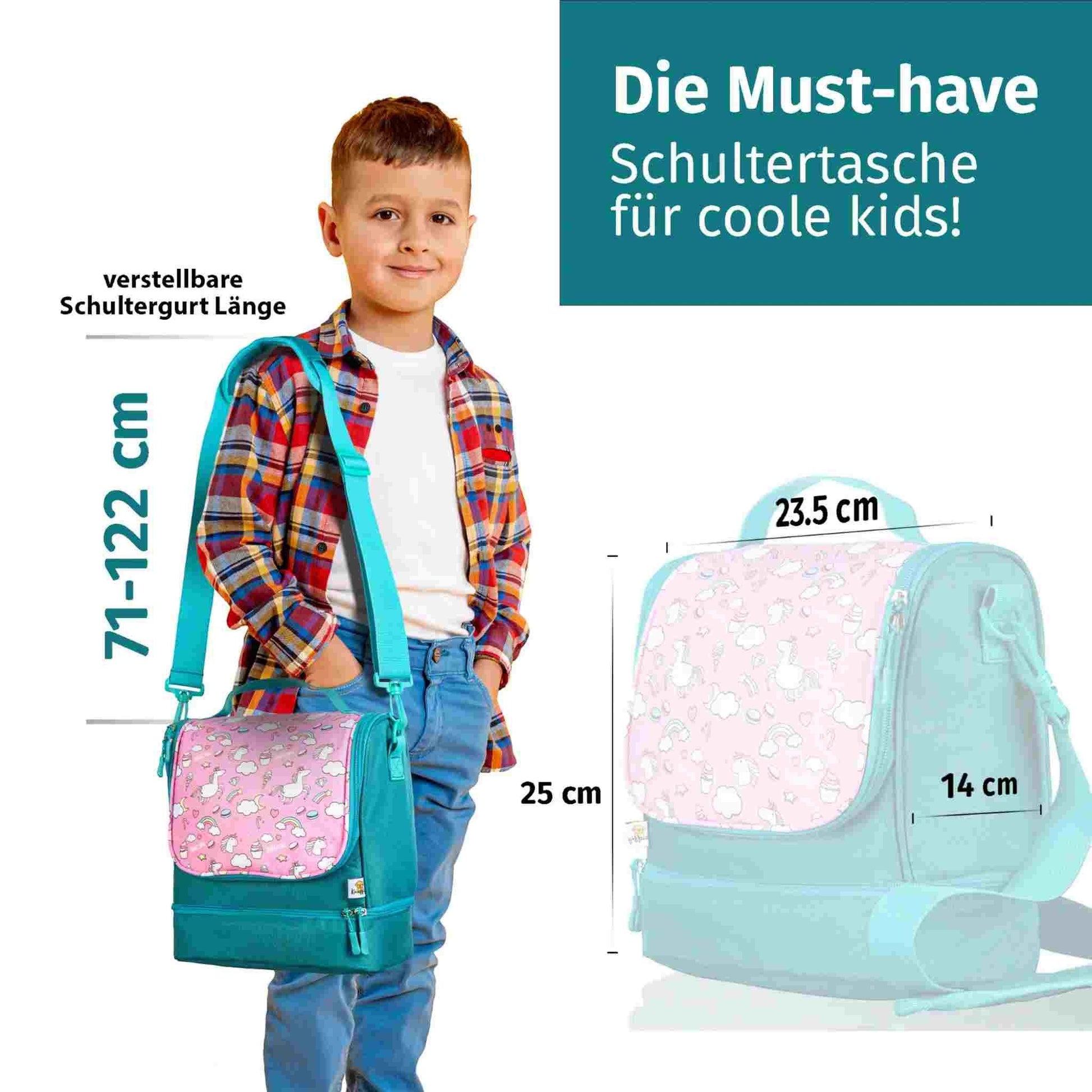 Die rosa Einhorn-Umhängetasche in der Nahaufnahme mit eingeblendeten Maßen zur Veranschaulichung der Größe.