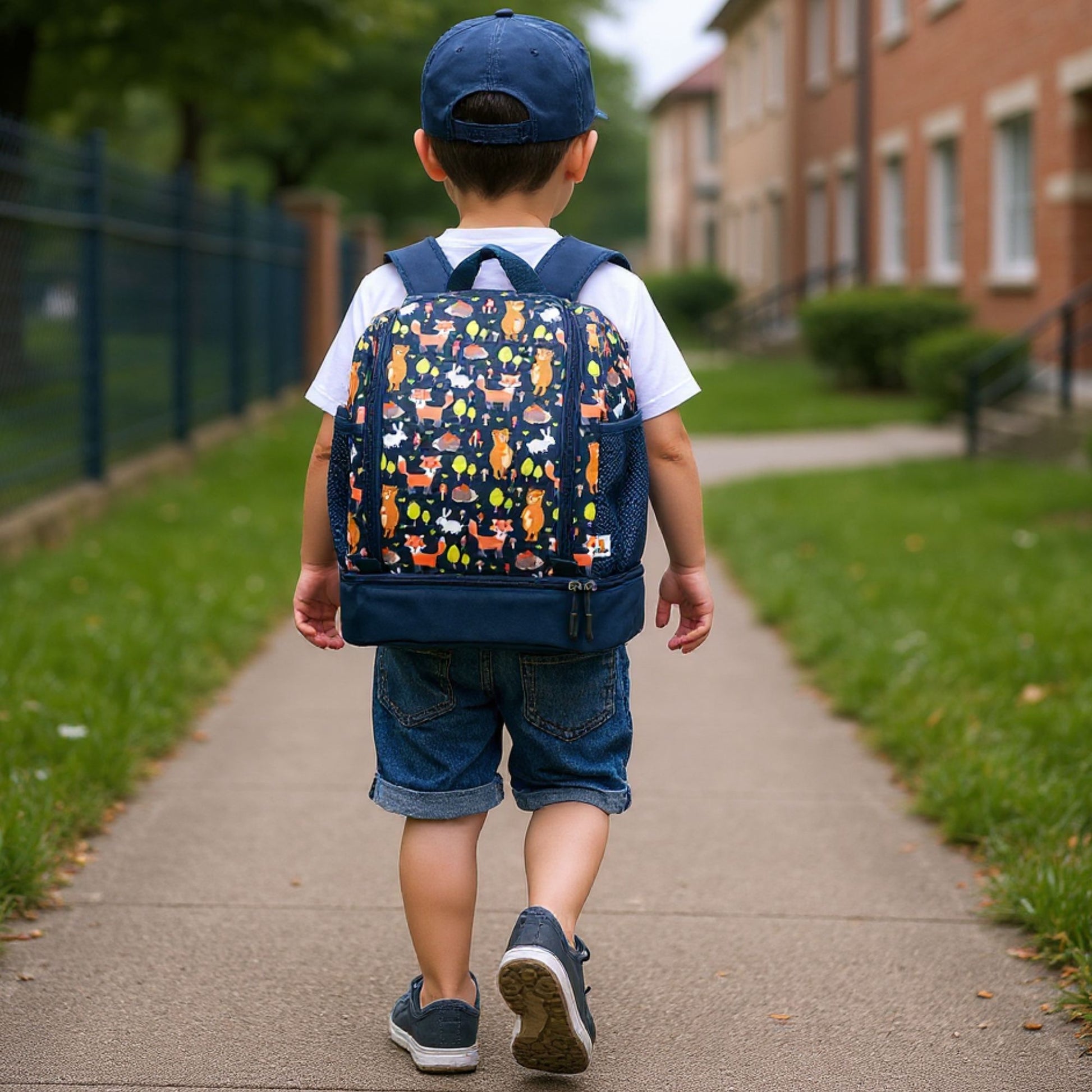 Kind trägt einen Fox Kinderrucksack und sitzt auf der Wiese, während es mit seiner Toniebox spielt.