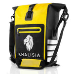 Wasserdichte Khalisia Fahrradtasche in leuchtendem Gelb für den Gepäckträger; mit Roll-Top-Verschluss, Schultergurt und seitlichen Reflektorstreifen für maximale Sicherheit und trockenen Inhalt bei jedem Wetter.