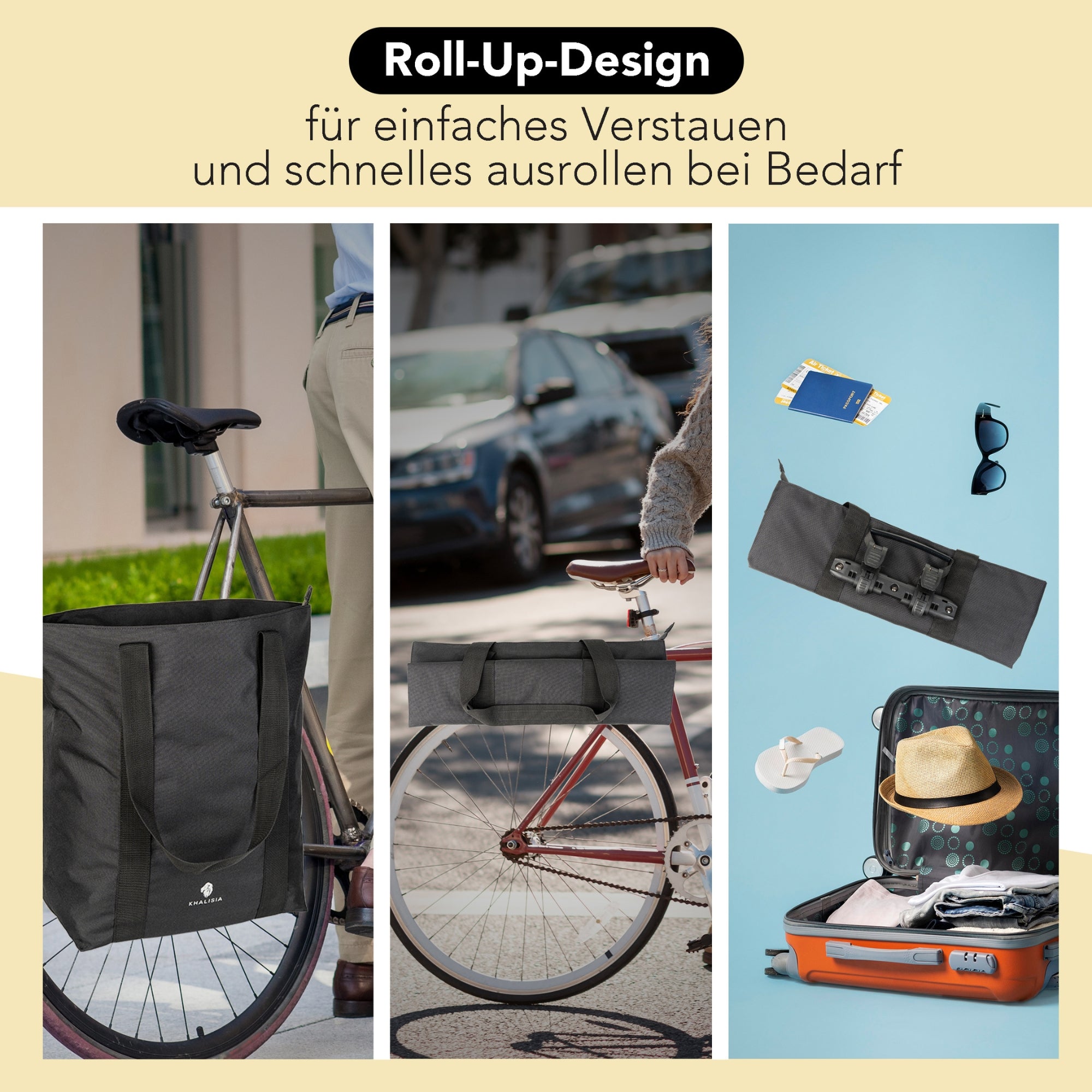 faltbare fahrradtasche KHALISIA Roll-Up Shopper – Faltbare Fahrrad Gepäckträger-Tasche 22L