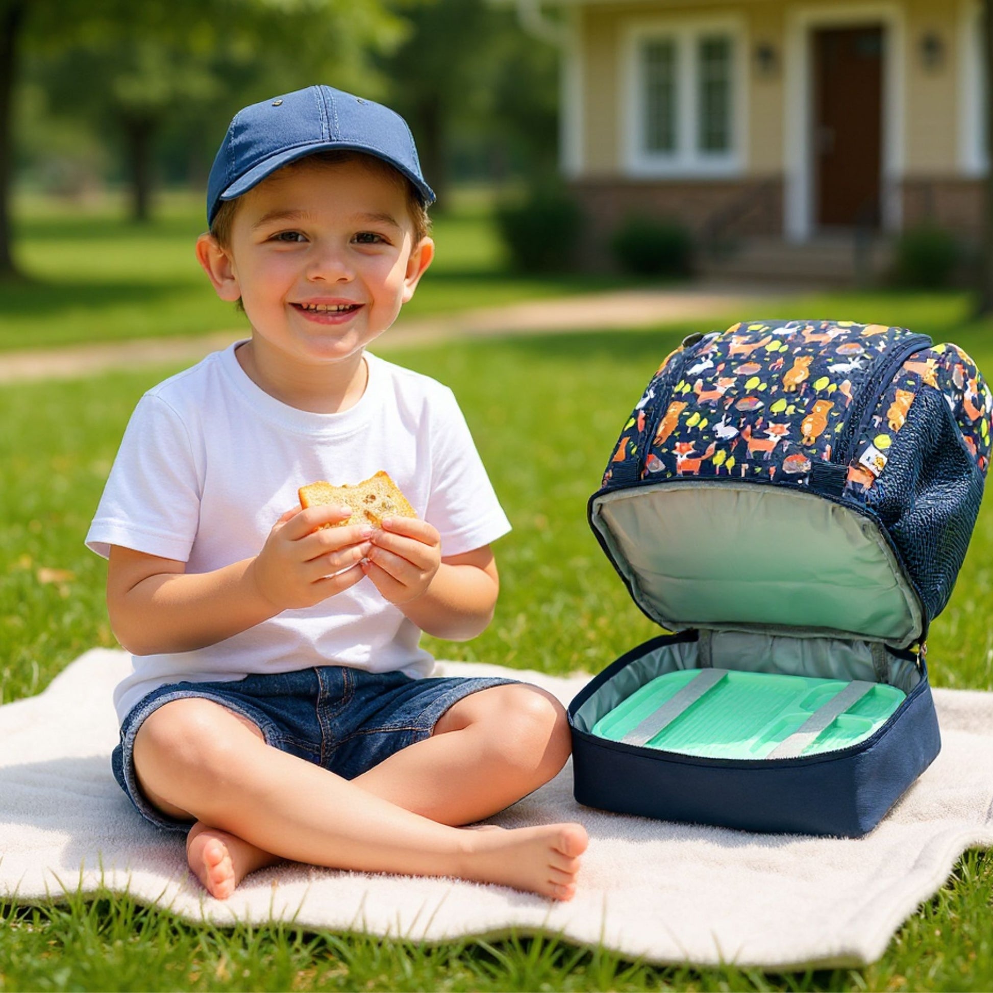 Junge sitzt auf dem Boden neben einem offenen Kinderrucksack. Das isolierte Lunchbox-Fach hält Snacks kühl und frisch und ist praktisch für Kindergarten, Ausflüge und unterwegs.