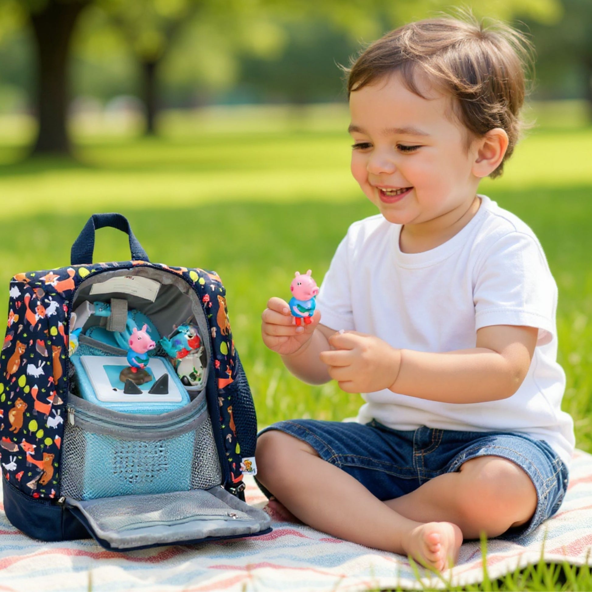 Kind sitzt auf der Wiese und spielt mit seiner Toniebox, die offen aus dem Rucksack heraus genutzt wird.