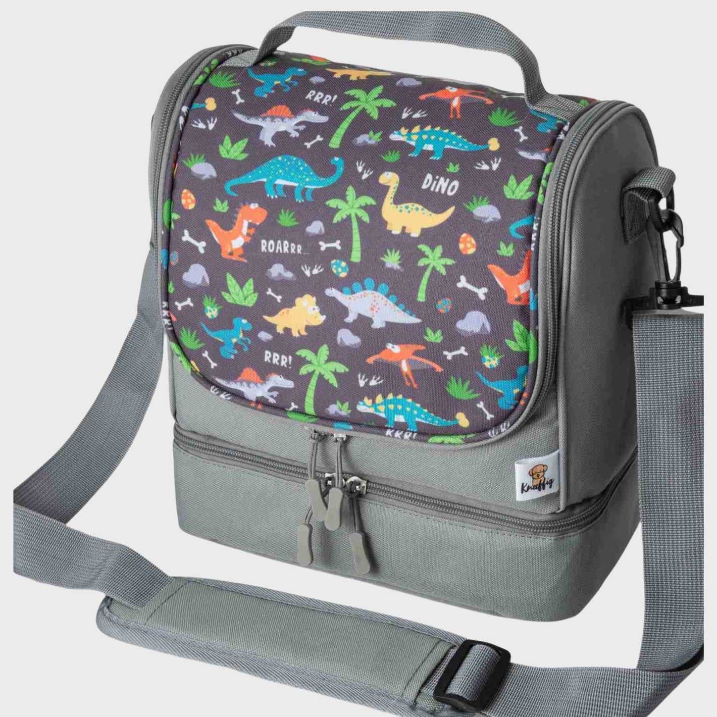 Die graue Dinosaurier-Umhängetasche für Kinder in der Seitenansicht, die das Profil der Tasche und das detailreiche Dino-Motiv zeigt.