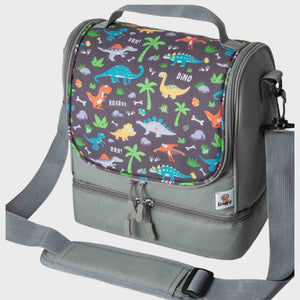Die graue Dinosaurier-Umhängetasche für Kinder in der Seitenansicht, die das Profil der Tasche und das detailreiche Dino-Motiv zeigt.