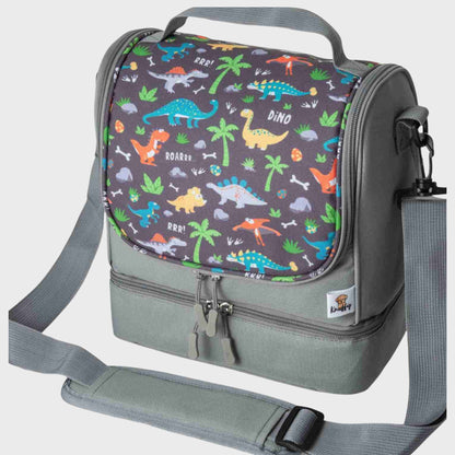 Die graue Dinosaurier-Umhängetasche für Kinder in der Seitenansicht, die das Profil der Tasche und das detailreiche Dino-Motiv zeigt.