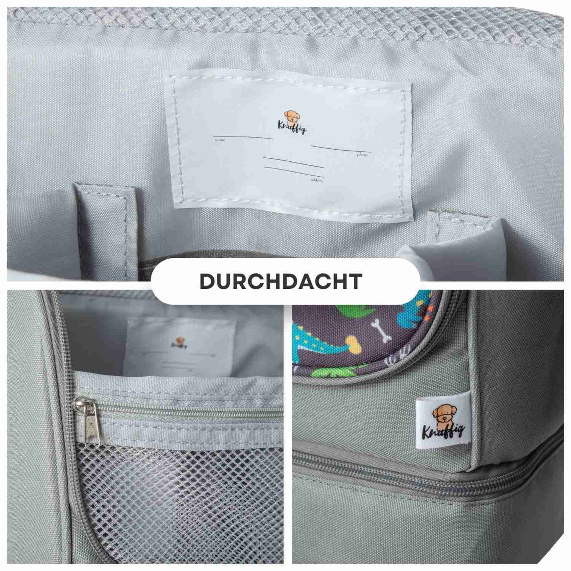 Detailaufnahme der geöffneten Umhängetasche mit Fokus auf das beschriftbare Namensschild, die organisierten Innenfächer und das eingearbeitete Knuffig-Markenlogo.