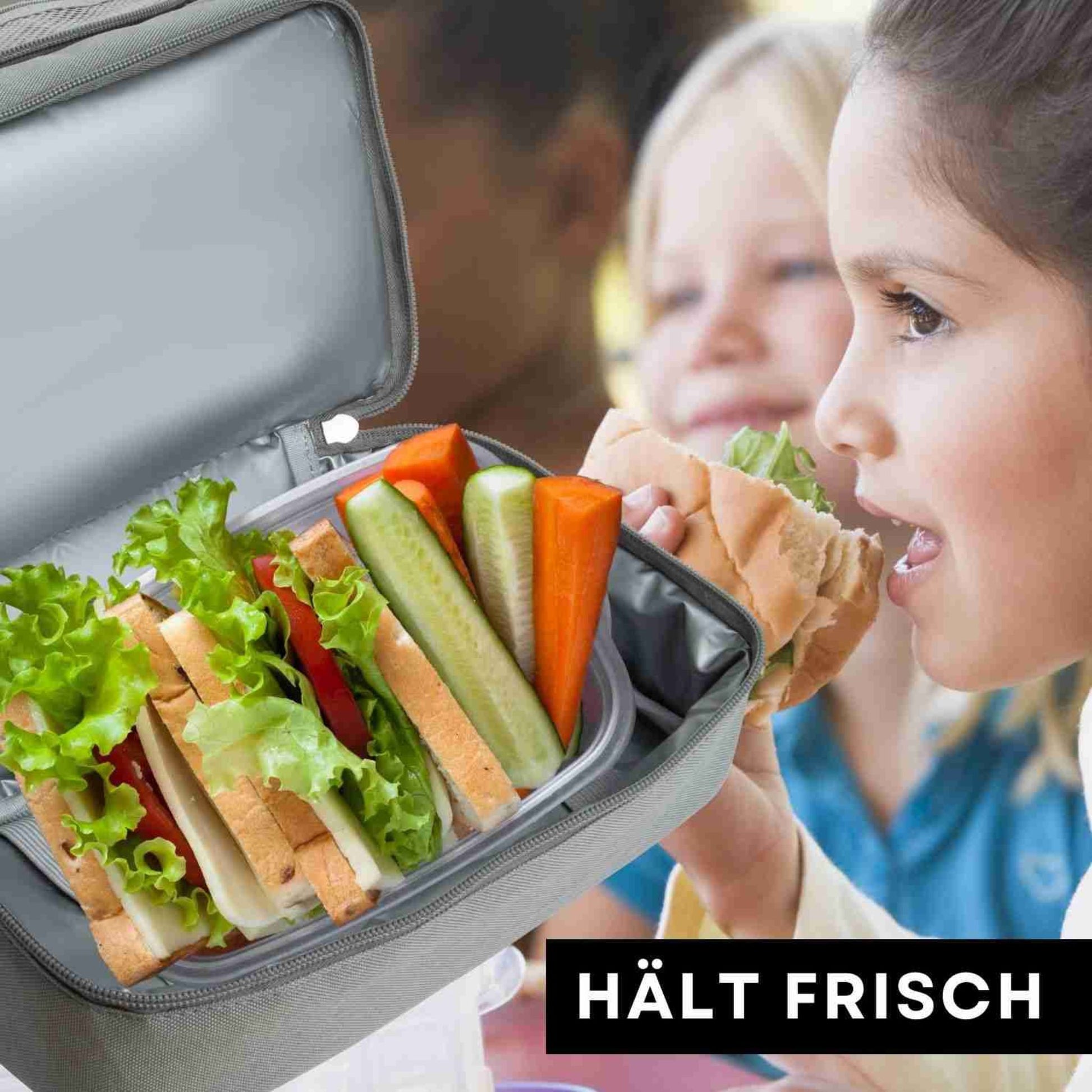 Detailansicht des isolierten Bodenfachs der Umhängetasche, das speziell dafür entwickelt wurde, Snacks wie Sandwiches und Obst unterwegs kühl und frisch zu halten.