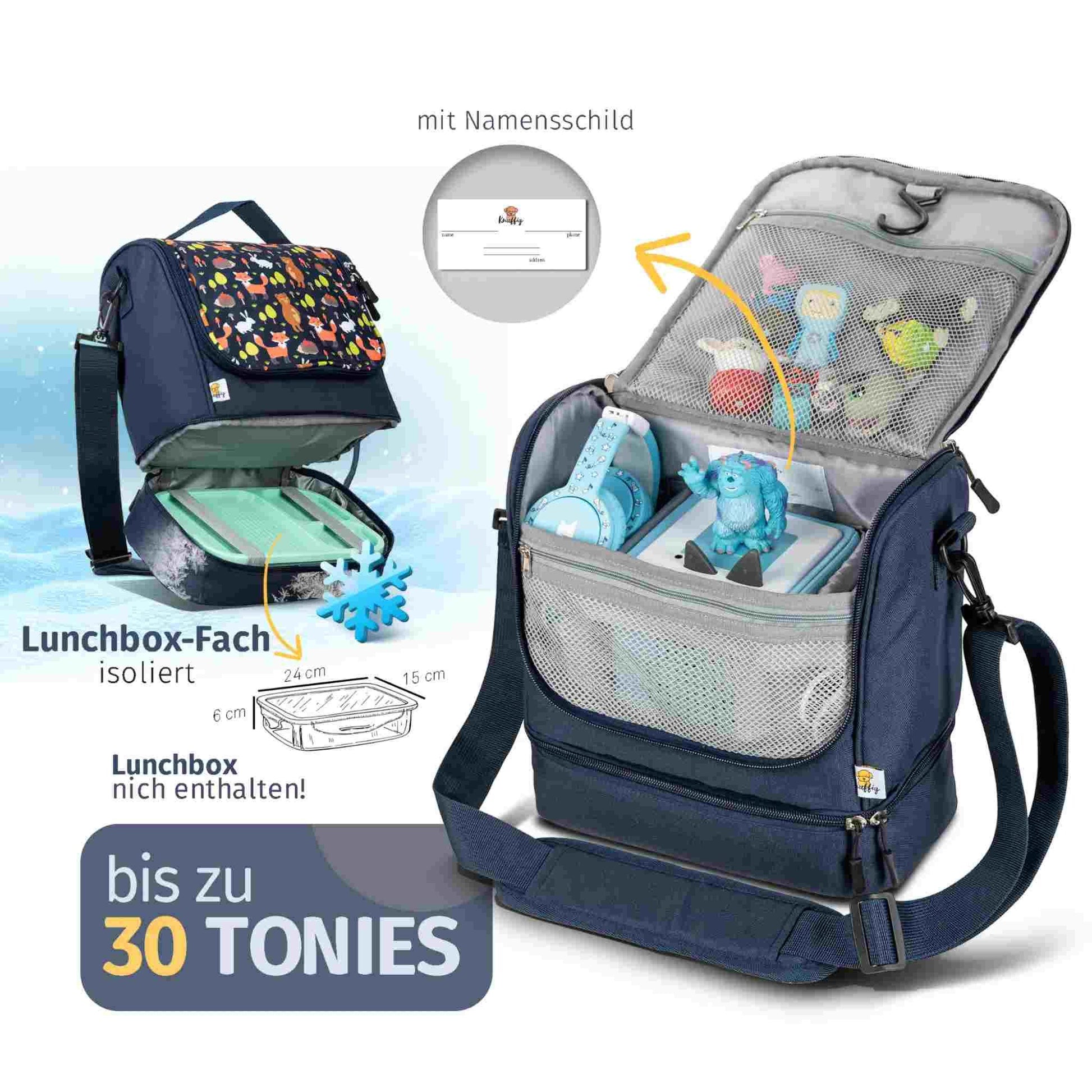 Geöffnete Umhängetasche mit einer eingesetzten Toniebox; gut sichtbare Innenfächer zur Organisation von Zubehör und ein integriertes Namensschild auf der Innenseite.
