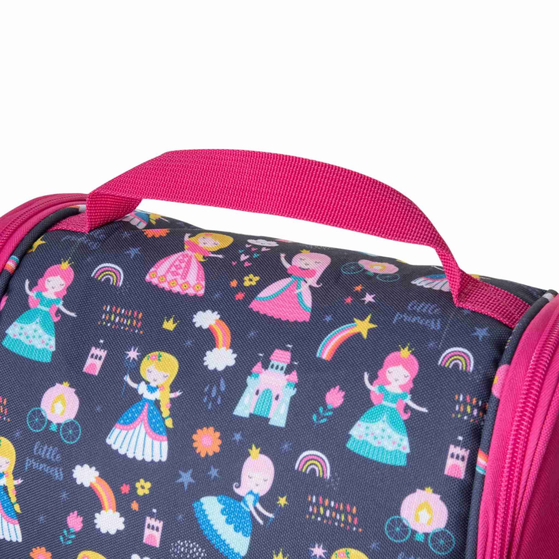 Detailansicht des robusten pinken Tragegriffs oben an der Prinzessin-Umhängetasche; ermöglicht Kindern ein einfaches Greifen und Tragen der Tasche mit der Hand.