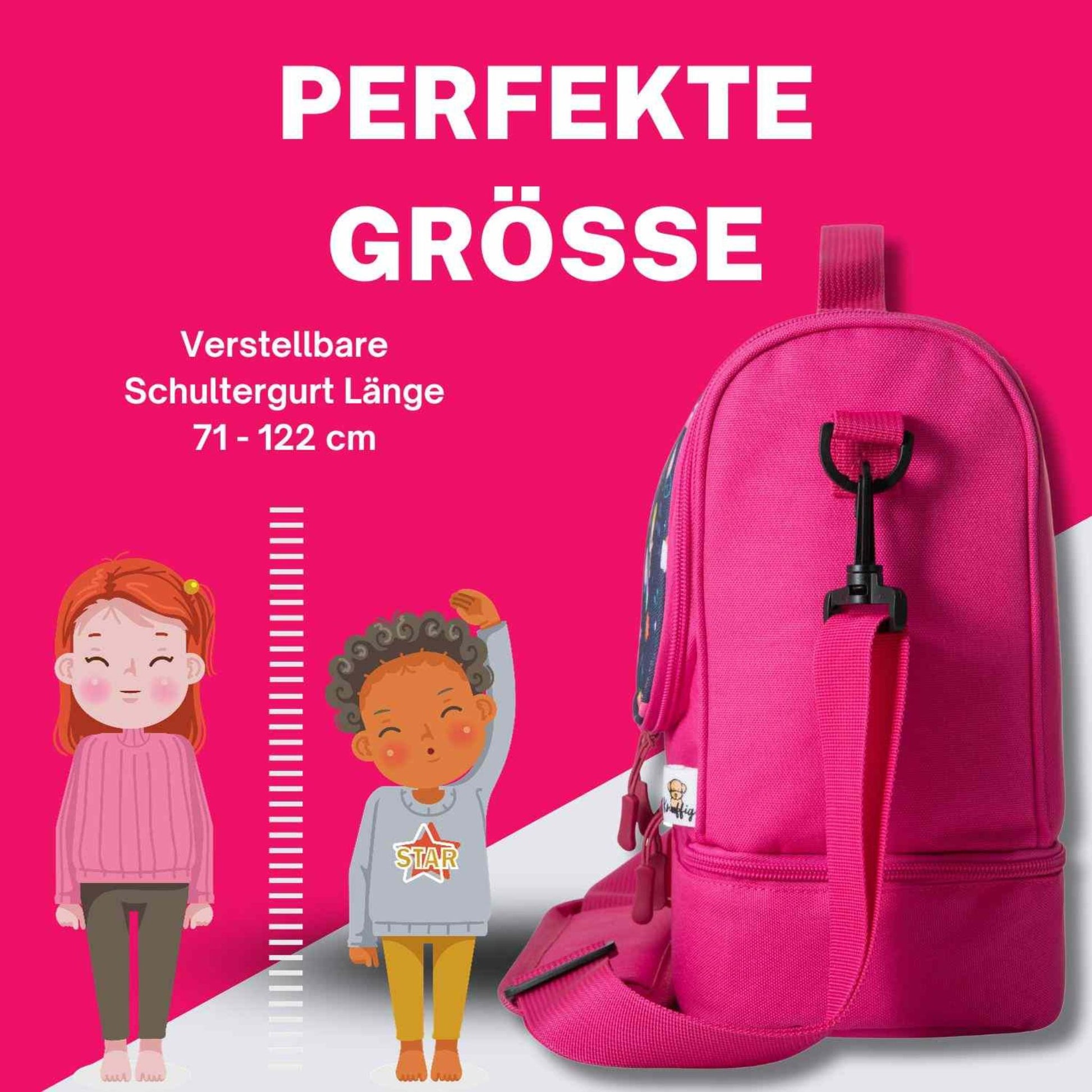 Detailansicht des pinken Tragegurts der Prinzessin-Umhängetasche mit einer stabilen Schnalle zur individuellen Längenverstellung, passend für jede Körpergröße des Kindes.