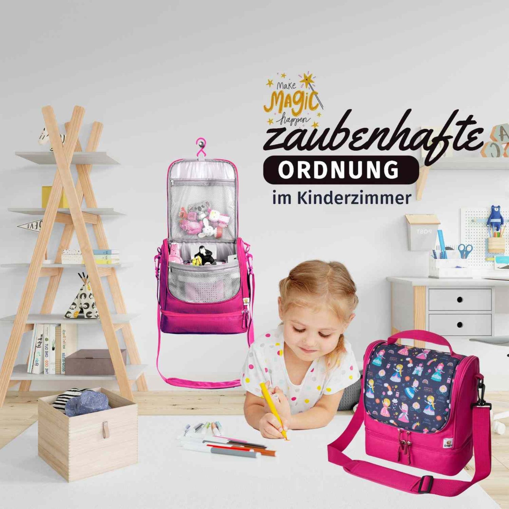 Die pinke Prinzessin-Umhängetasche dekorativ in einem mädchenhaften Kinderzimmer platziert; zeigt die Tasche als harmonisches Accessoire in einer spielerischen Umgebung.