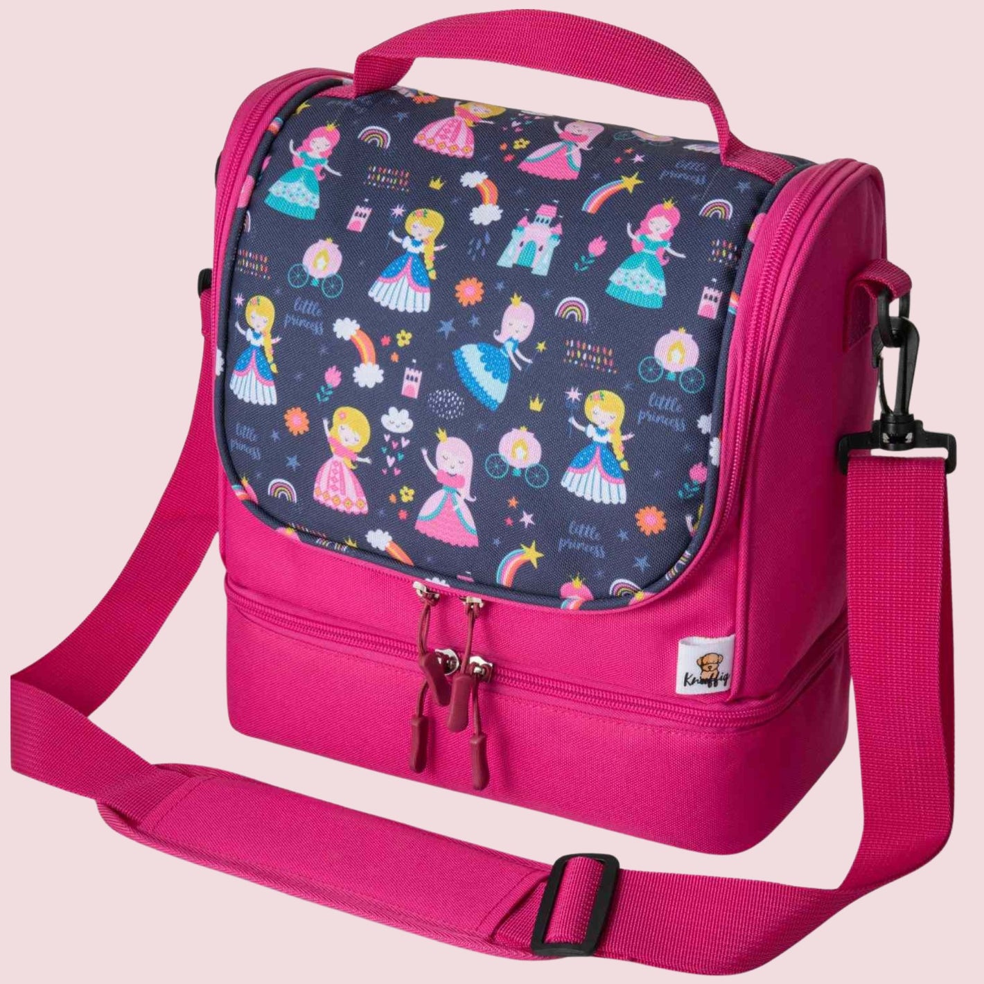 Die pinke Kinder-Umhängetasche mit einem liebevollen Prinzessin-Motiv in der Frontalansicht; ein magisches Accessoire für kleine Prinzessinnen.