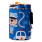 Seitenansicht der blauen Knuffig Lenkertasche mit Fahrzeugmotiv und Klettbefestigung