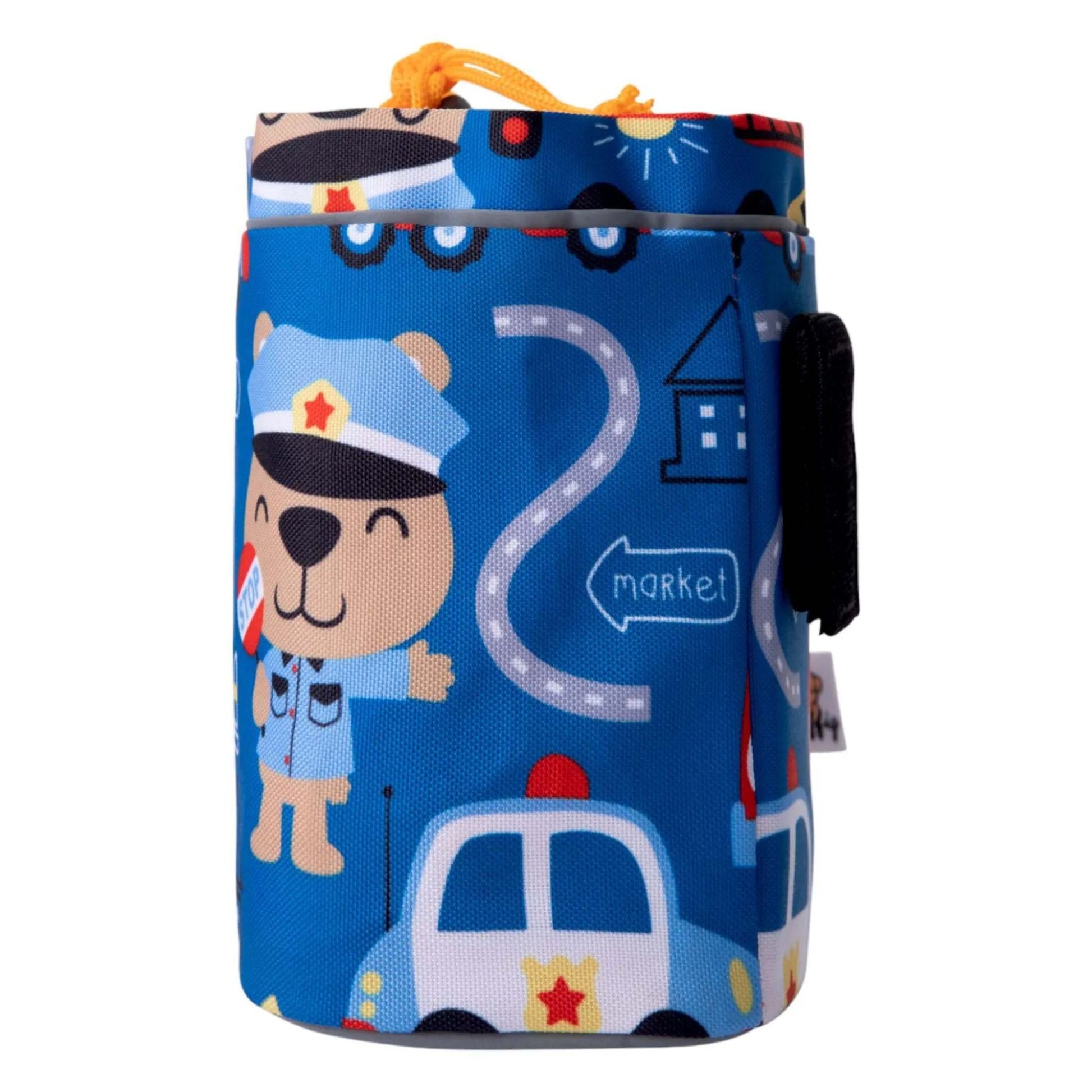 Seitenansicht der blauen Knuffig Lenkertasche mit Fahrzeugmotiv und Klettbefestigung