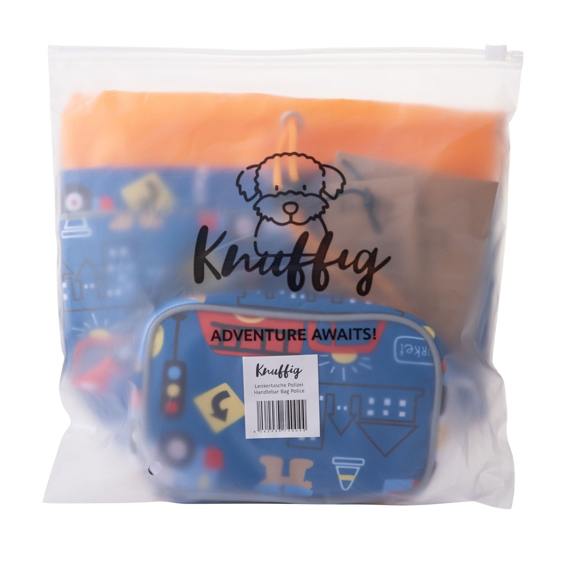 Blaue Knuffig Lenkertasche mit Fahrzeugmotiv in transparenter Produktverpackung mit Etikett