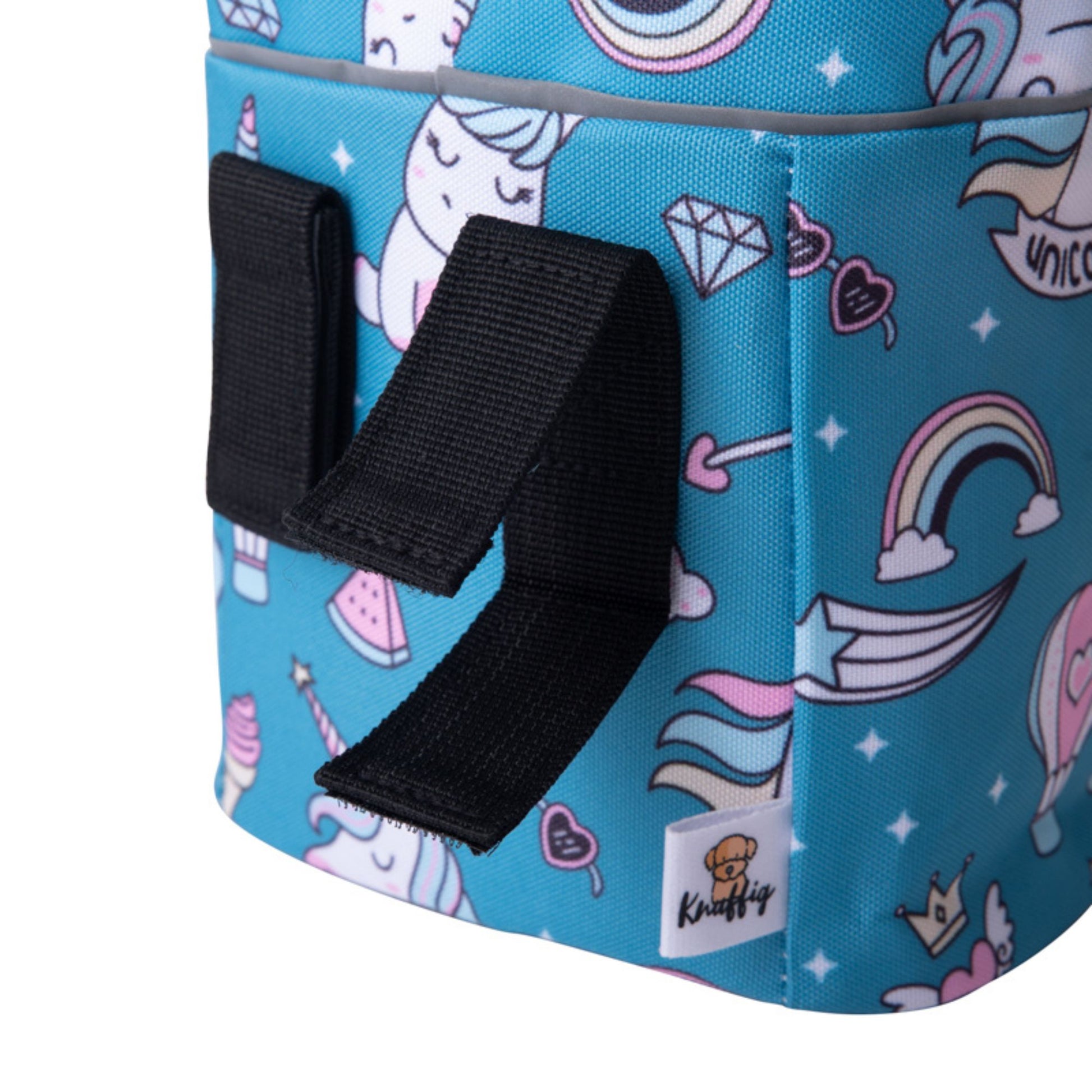 Detailaufnahme der Knuffig Lenkertasche für Kinder im Einhorn-Design in Blau mit Klettverschluss