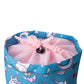 Detailansicht der blauen Knuffig Lenkertasche mit rosa Innenbeutel und Kordelzugverschluss