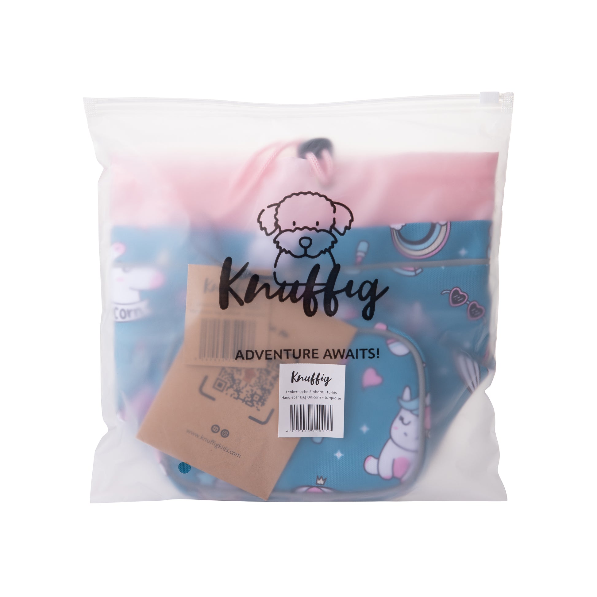 Knuffig Kinder Lenkertasche Einhorn in Blau in transparenter Produktverpackung