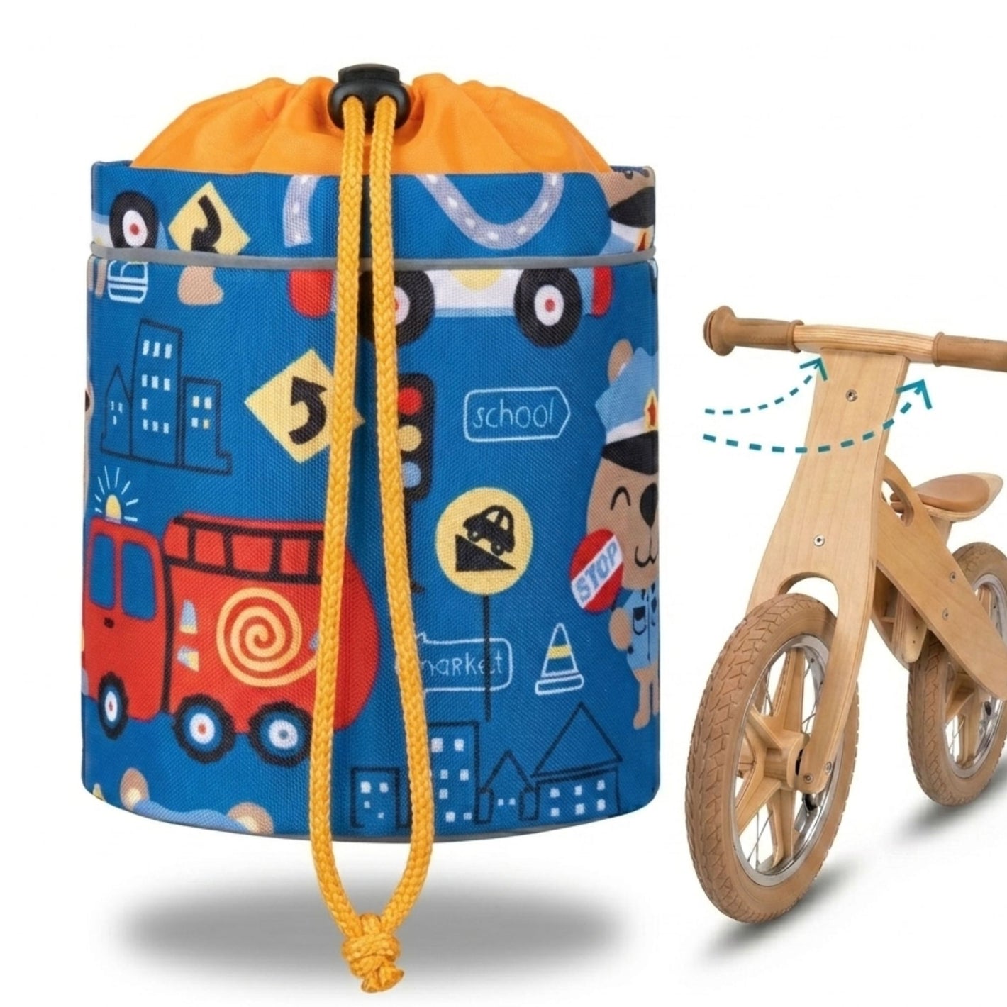 Blaue Knuffig Lenkertasche mit buntem Fahrzeugmotiv und orangefarbenem Kordelzug, passend für Laufrad und Kinderroller