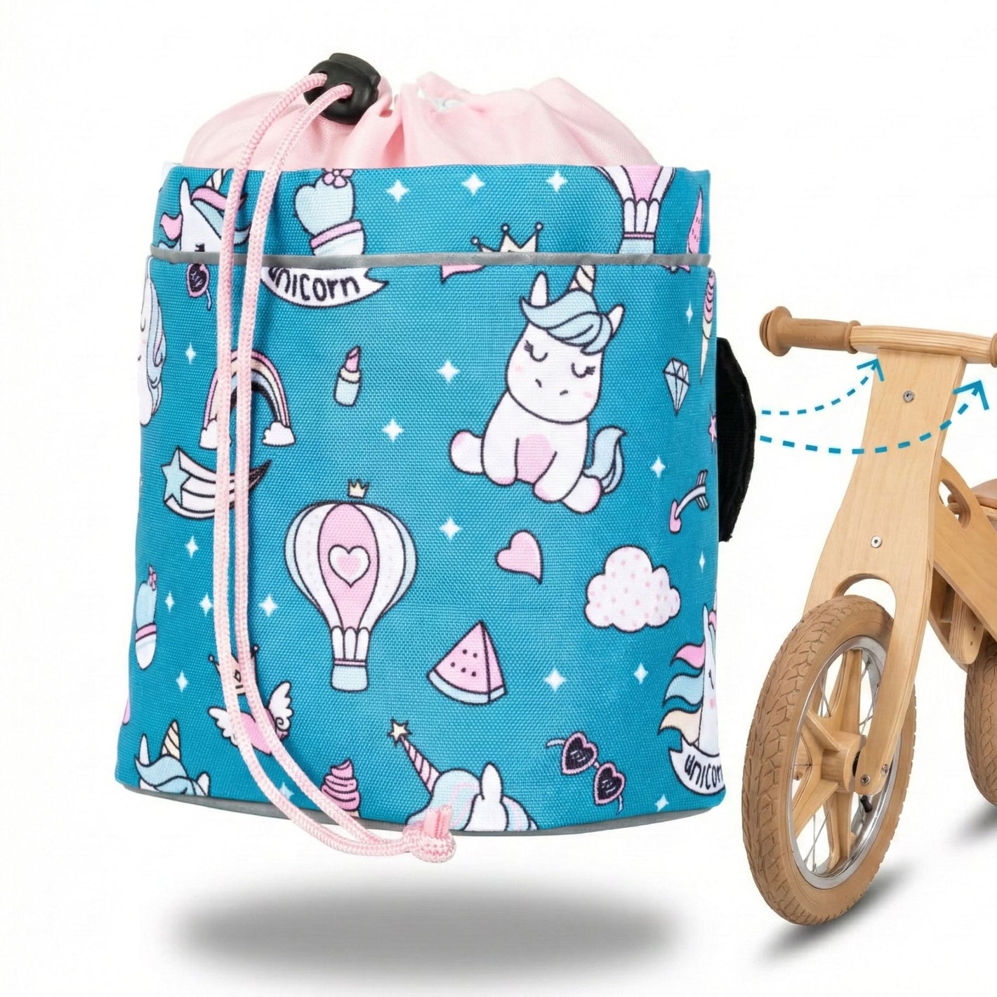 Blaue Knuffig Lenkertasche mit Einhornmotiv und rosa Kordelzug, passend für Laufrad und Kinderroller