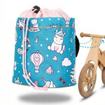Blaue Knuffig Lenkertasche mit Einhornmotiv und rosa Kordelzug, passend für Laufrad und Kinderroller
