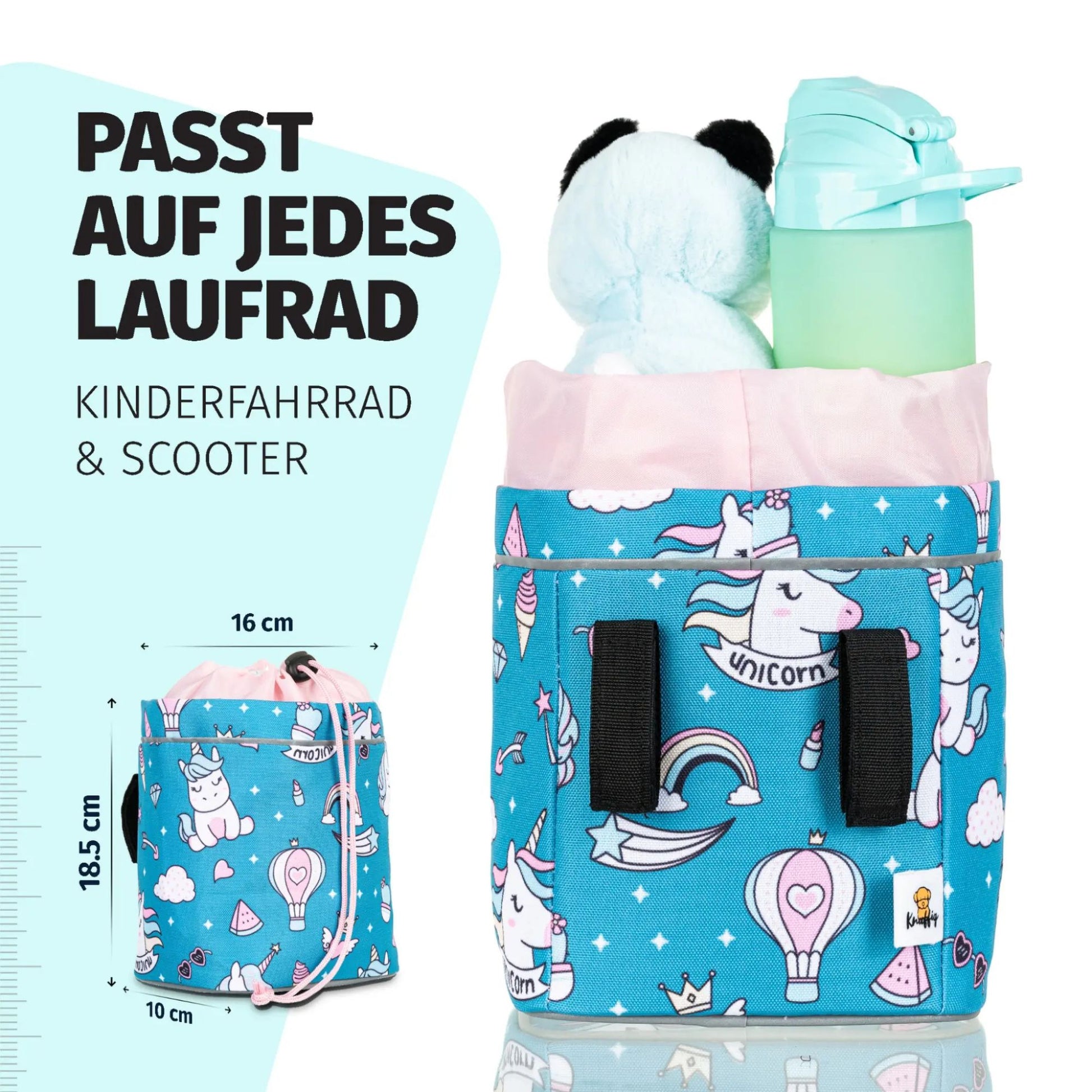Blaue Knuffig Lenkertasche mit Einhornmotiv und Klettbefestigung für Laufrad, Kinderfahrrad und Scooter, Maße 18,5 x 16 x 10 cm