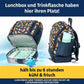 Infografik eines Kindergartenrucksacks, die das isolierte Bodenfach für eine Lunchbox und die seitliche Flaschenhalterung zeigt. Ein Text weist darauf hin, dass die Isolierung Speisen und Getränke bis zu 6 Stunden kühl hält.
